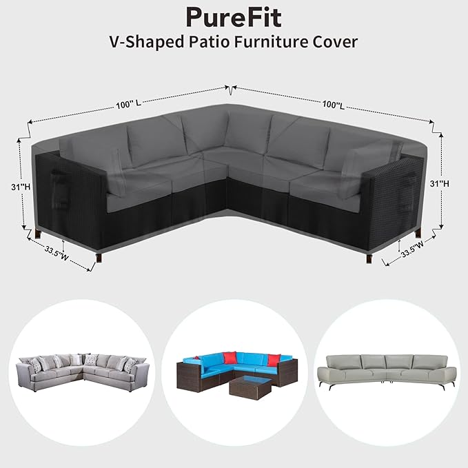 PureFit Outdoor Sectional Sofa Cover Waterproof V Shaped Patio Furniture Covers for Deck, Lawn and Backyard, 100”x100”, Black