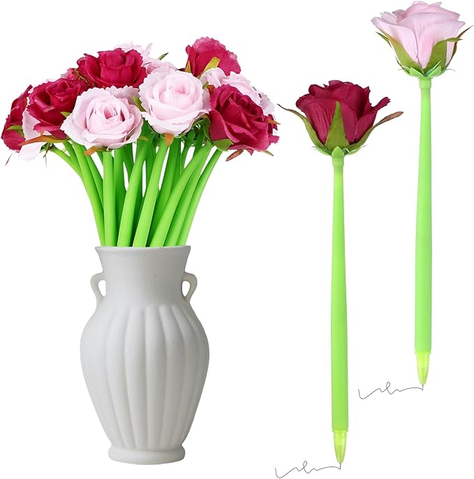 28 Pcs Flowers Pen Artificial Rose Pens Rose Shaped Ballpoint Pen Black 0.5mm Gel Ink Rollerball Pen Valentine's Day Flower Pens Gel Ink-pens for First Day Back to School Classroom Reward