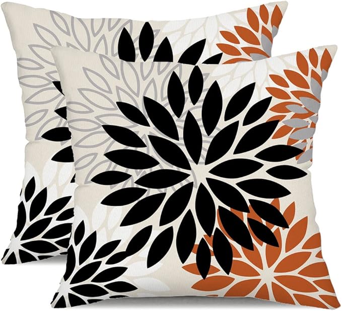 DFXSZ Black Orange Flower Pillow Covers 16x16 Inch Set of 2 Outdoor Throw Pillows Outdoor Waterproof Decor for Living Room Sofa Patio Funiture Garden Floral Polyester Pillow Covers 002V16