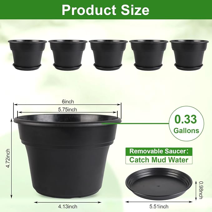 Myfeegoin 6-inch-Plant-Pots-Indoor-Outdoor, 6 Pack Plastic Planters with Drainage Holes & Saucers, Resin Flower Pots with Trays, Classic Garden Pot Container for House