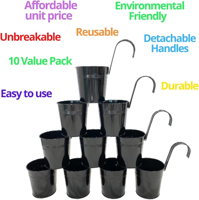 LaLaGreen Bundle - 6" x 10 Pack Black + 6" x 10 Pack White Large Metal Flower Pot Over Rail Balcony Railing Hanging Buckets for Plants Outdoor Fence Wall Herb Garden Succulent Outside Deck Patio Porch