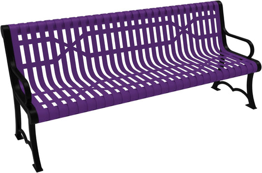 Coated Outdoor Furniture Heavy-Duty Outdoor Bench Thermoplastic Coated, Slated Steel, Commercial-Grade Garden Bench, Made in America (Portable with Back, 6 Ft, Purple)
