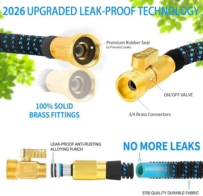 100 ft Expandable Garden Hose - Ultra Flexible,Durable Collapsible Latex Core & Solid Brass Fitting, No Kink-Free Expanding Garden Pipes Hose - RV, Gardening Marine and Camper Water Garden Hoses