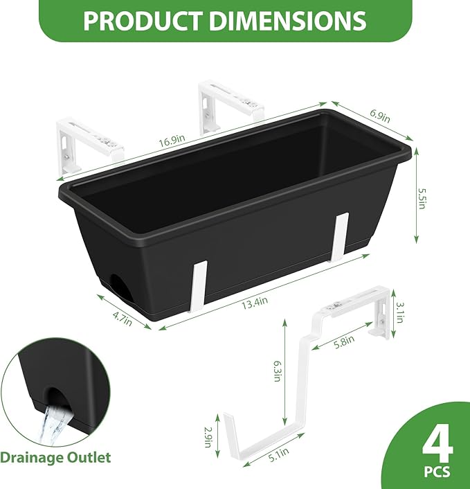 OYEAL Railing Planter Box Outdoor 4 Pack Hanging Balcony Planters 17 Inch Window Boxes Planter with Adjustable Brackets Plastic Flower Pots for Garden Deck Porch Railing Balcony Fence, Black & White
