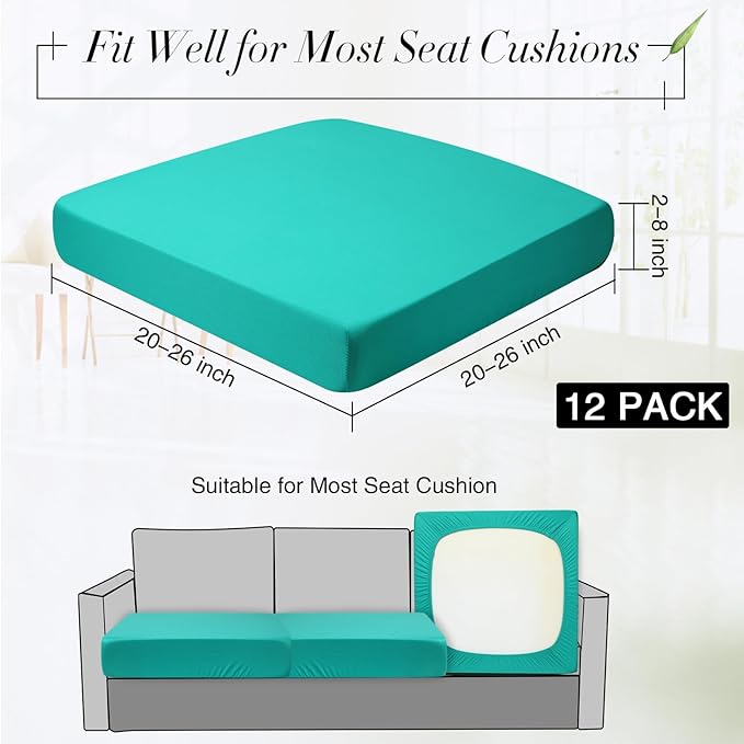 Newwiee 12 Pcs Patio Outdoor Cushion Covers Replacement Waterproof Stretch Sofa Couch Cushion Covers Washable Individual Couch Slipcovers Set Furniture Protector for Pets(20-27 Inch,Peacock Blue)