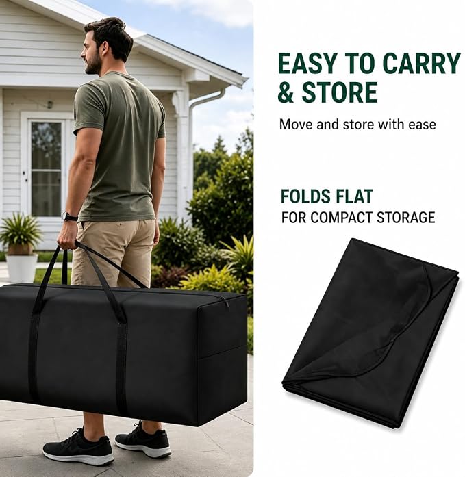 Cushion Storage Bag 420D Waterproof 68" Rectangular Outdoor Patio Cushion Storage Bags — Outdoor Cushions Storage Bag with Zipper and Handles Extra Large Storage Bags 68" L x 29" H x 20" W Black