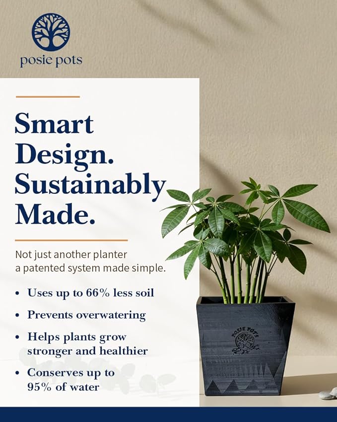 Posie Pot Medium Twisted Square - Self Watering Planter 5x5 Inch - Indoor Plant Pot with 30 Day Reservoir - 3D Printed Bioplastic - No Guilt Plant Care - Made in USA, Black