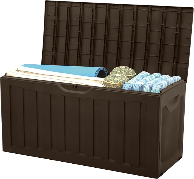 Ram Quality Products Plastic 90 Gallon Outdoor Lockable Backyard Storage Bin Deck Box for Cushions, Pool Accessories, and Towels, Brown