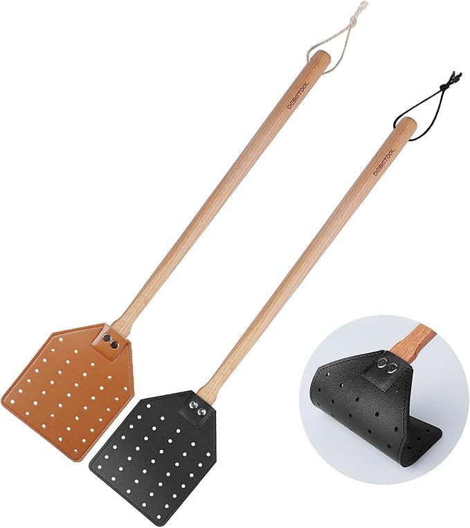 DEBETOOL 2 Pack Sturdy Leather Fly Swatter for Indoors - (19.7”)Long Handle Heavy Duty Wood Fly Swatter With Hanging Rope, Durable Fly Swatter for Outdoor Rustic Bug Swatter Flies,Mosquitoes And Bees