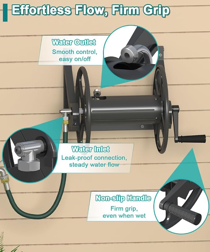 Artigarden Garden Hose Reel Wall Mounted, Outdoor Heavy Duty Powder Coated Metal Water Hoses Holder Winder Holds 125 ft 5/8" Hoses with 3.9ft Leader Hose, Stainless Steel Connector for Outside, Black
