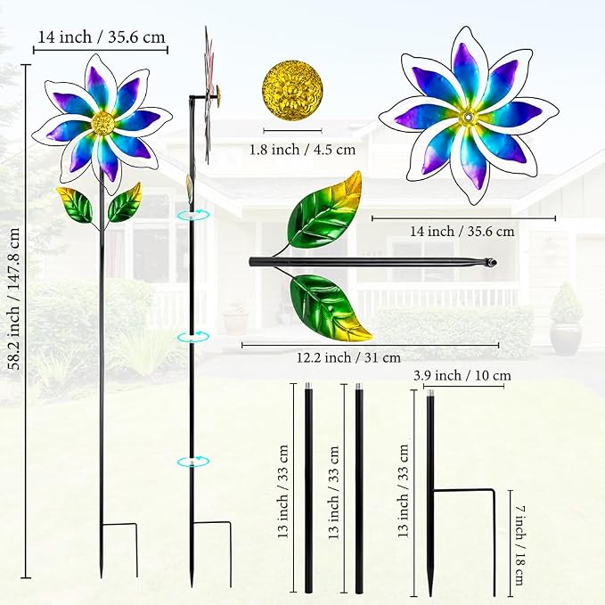 14'' Wind Spinners Outdoor, Flower Kinetic Wind Sculpture & Spinners, Metal Wind Spinners for Yard Garden Patio Decor (Purple)