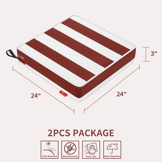 Patio Chair Cushions 24x24 Inch, Water Repellent Outdoor Seat Cushions with Adjustable Straps, Fade Resistant Replacement Cushions for Garden Deck Sofa Couch, Set of 2, Red White