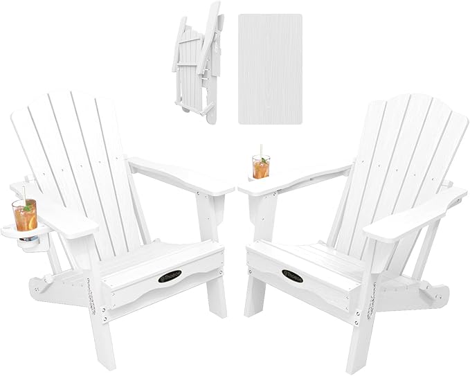 THOEOE Folding Adirondack Chair Set of 2, HDPE All-Weather Outdoor Chair with Cup Holder, Wooden Textured, Fire Pit Chair, Plastic Patio Chair for Deck, Backyard, Garden, Lawn, White