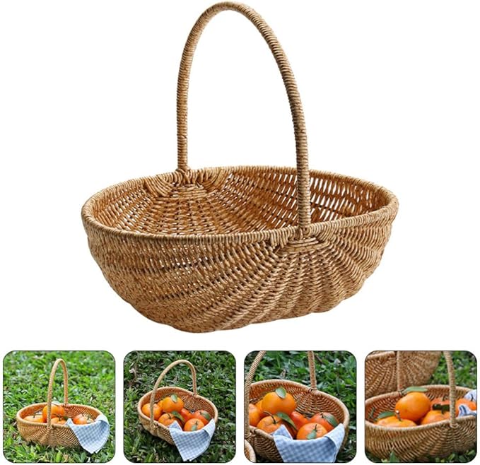 Kisangel Creative Light Brown Picnic Basket - Multi-Functional Rattan Style Harvest Shopping Basket for Fruits Vegetables Outdoor Activities and Kitchen Storage