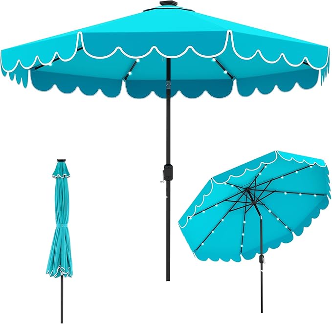 Tangkula 10FT Solar LED Patio Umbrella, 2-Tiers Scalloped Outdoor Table Market Umbrella with 24 LED Lights, Vented Top, Tilt Adjustment, Crank, 8 Ribs for Backyard Poolside Deck Beach Lawn (Turquoise)