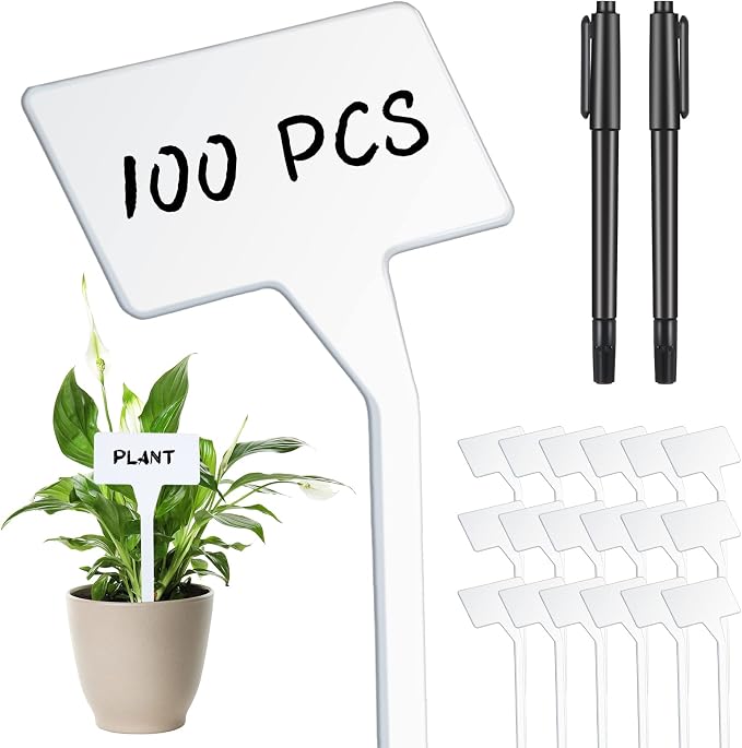 Yinkin 100 Pcs Large Plant Label Signs 11.8 Inch Plant Markers Plastic Garden Label Stakes Waterproof T Type Tags Nursery Garden Signs with Marker Pen for Flower Herb Pot(White)