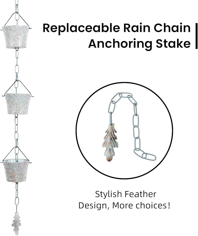 Rain Chain for Gutters with Adapter,Wrought Iron Rain Chains Set 8.5 Ft,Not Rust, Gotta Drain with Metals Anchoring Stake, 14 Cups, 1 Hook, Adjustable Gutter Downspout for Outdoor(Cyan)