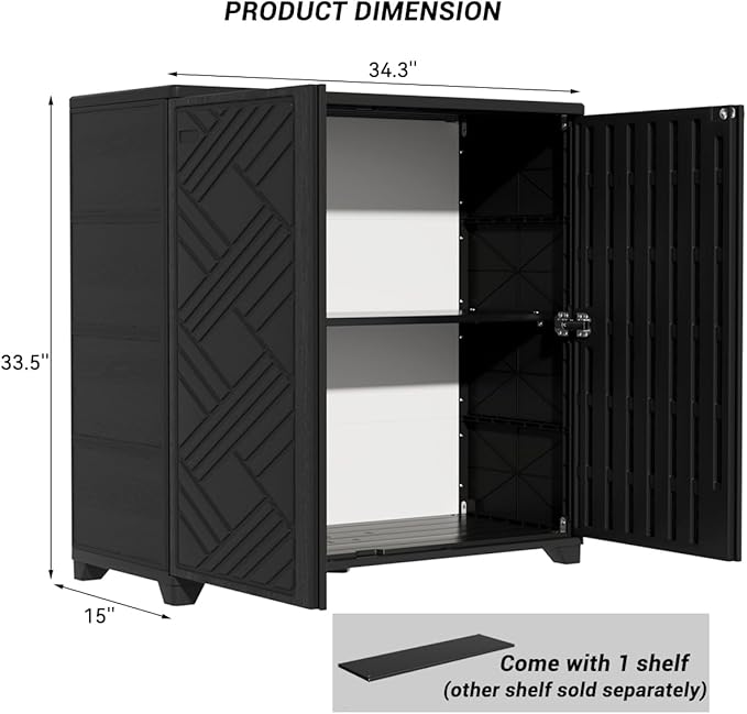 KINYING Outdoor Storage Cabinet Waterproof, 60 Gallon Resin Outdoor Storage Shed for Patio/Garden/Backyard, Outdoor Storage Box for Cushions,Garden Tools and Pool Supplies(Black with 1 Shelving)