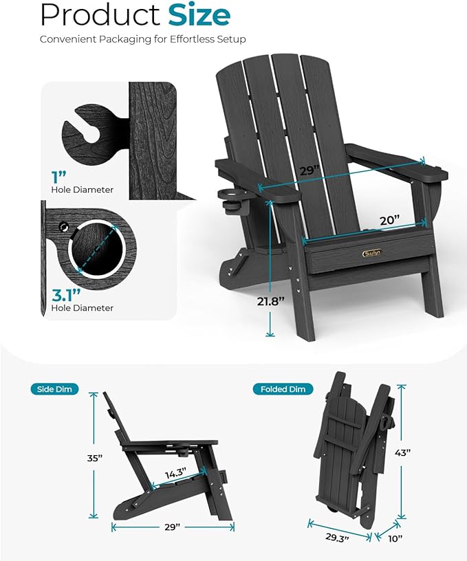 Folding Adirondack Chair 6 Pack, HDPE All-Weather Fire Pit Chairs, Plastic Adirondack Chairs with 2 Cup Holder, Outdoor Lawn Chair for Patio Garden (Black)