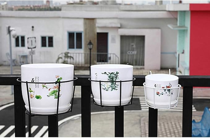 1 Pack Hanging Railing Planters Flower Pot Holders Plant Iron Racks Fence Metal Potted Stand Mounted Balcony Round Plant Baskets Shelf Container Box for Indoor and Outdoor Use-White,Garden Steel Pots