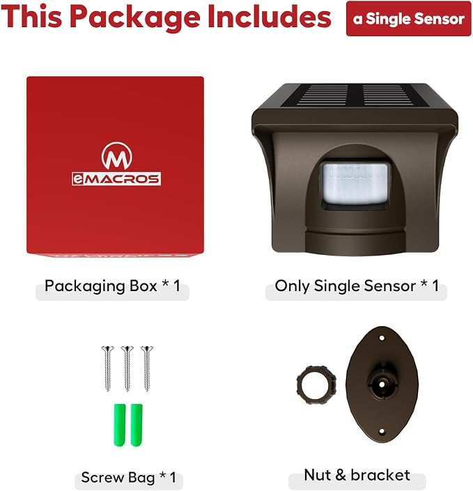 eMACROS Single Solar Sensor Incompatible with Pre-2022 Versions— 1/2 Mile Motion Sensor for Long Driveways, Homes & Large Properties, Outdoor Weatherproof Security Alert System (Single Sensor)