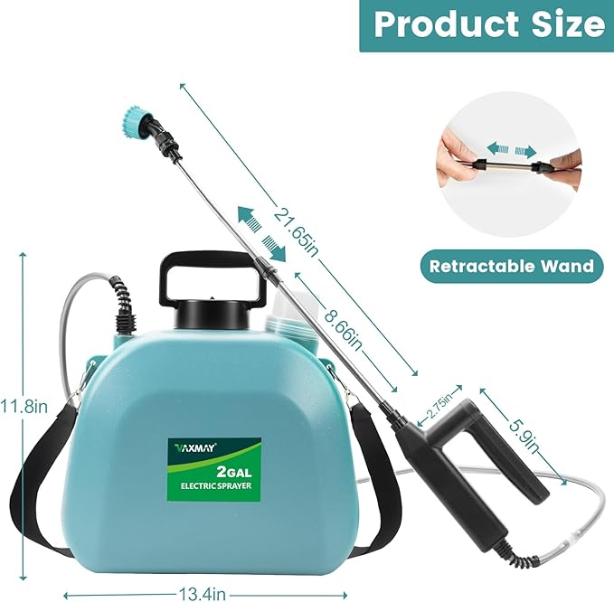 Battery Powered Sprayer 2 Gallon, 2026 Upgrade Electric Sprayer with 3 Adjustable Speed, Battery Indicator, 4 Mist Nozzles, Rechargeable Retractable Wand with Adjustable Shoulder Strap for Lawn Garden