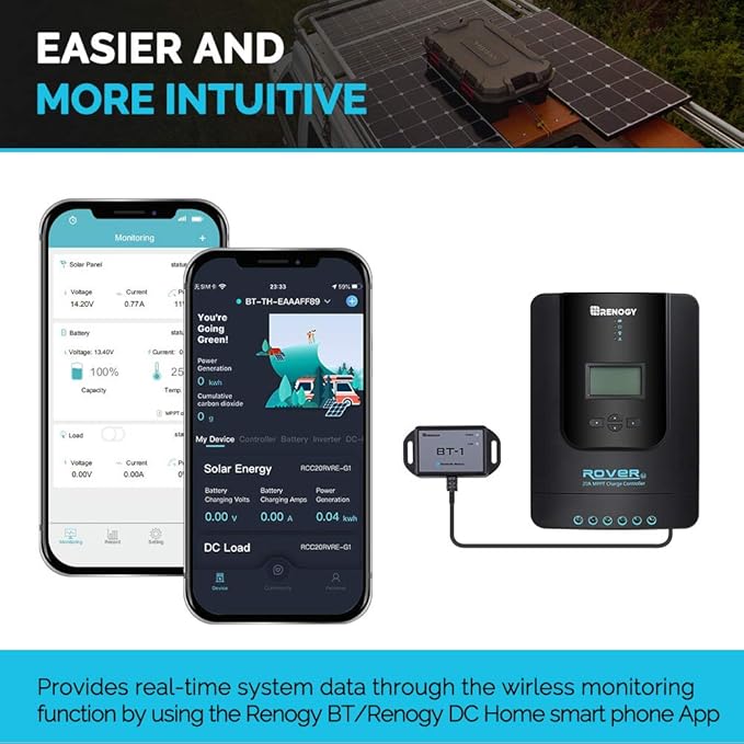 Renogy Bluetooth Module RJ12 Communication Port Compatible Rover/Wanderer/Adventurer Charge Controllers, BT-1 RS232,Black