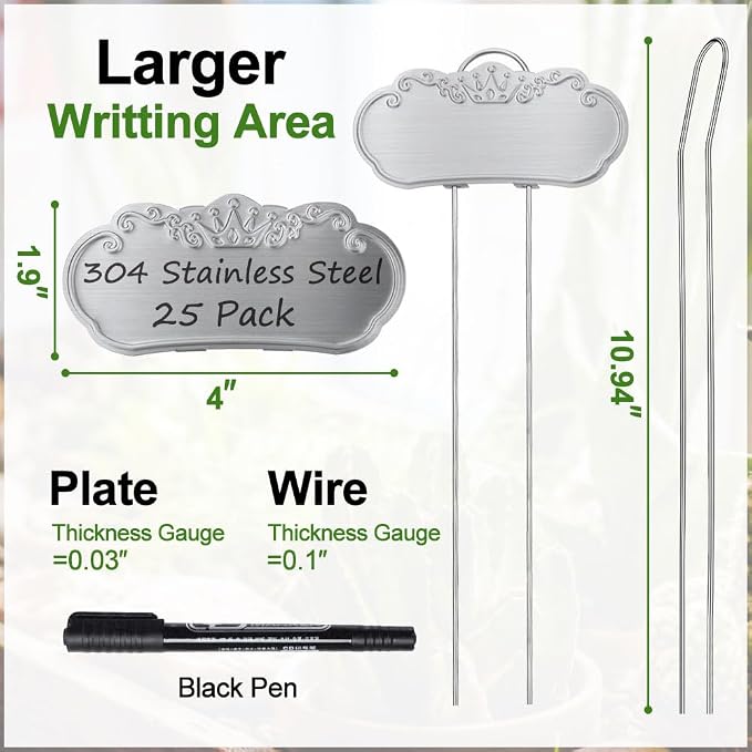 Metal Plant Labels, Tall Plant Labels, Garden Labels Outdoors for Flower, Fruit and Vegetable, Stainless Steel, Weatherproof (25 Pack, 4'' x 1.9'', Silver)