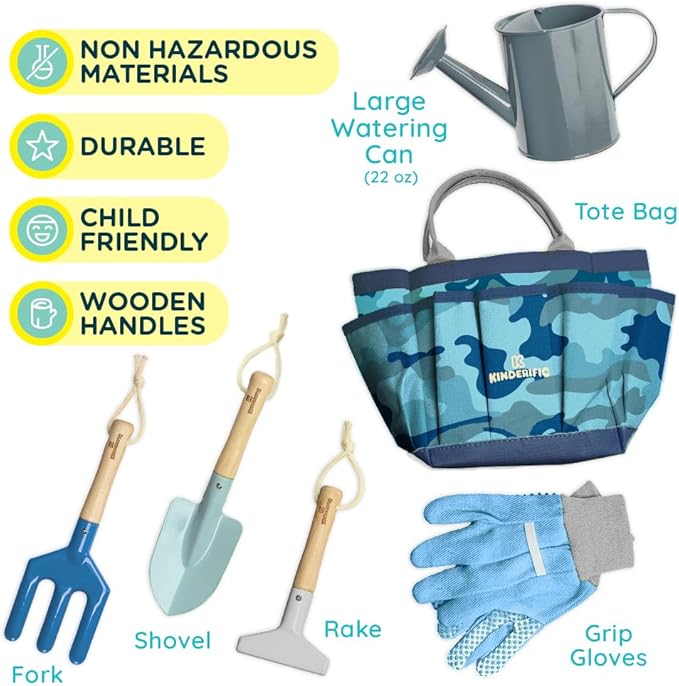Kinderific Gardening Set, Tool Kit, for Kids, STEM, Includes Tote Bag, Spade, Watering Can, Rake, Fork, Trowel and Gloves (Camo Quest)