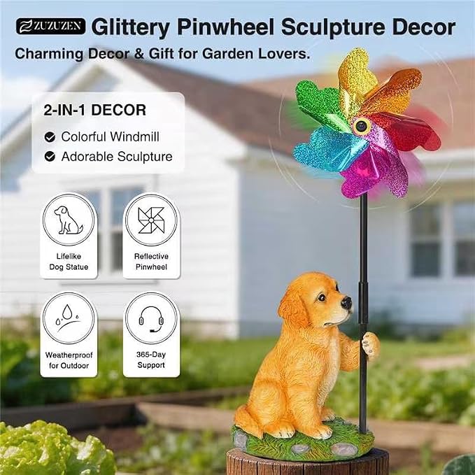 Dog Wind Spinner Decor, Waterproof Resin Golden Retriever Garden Statue with Colorful Pinwheel for Outdoor Patio, Flower Bed, Poolside, Backyard Lawn