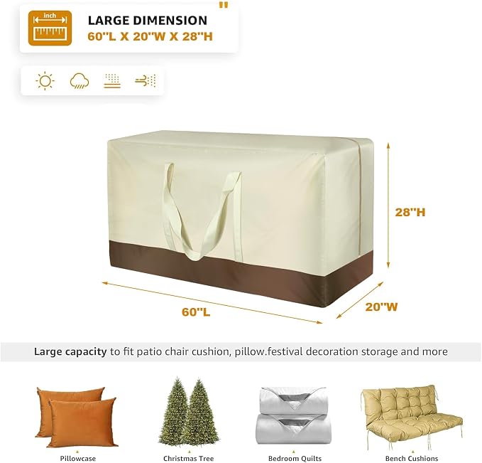 2 Pack Patio Cushion Storage Bags 420D Waterproof Outdoor Storage Bag Furniture Cushion Cover Christmas Tree Storage Bag with Handles and Zipper 60"L x 20"W x 28"H Beige