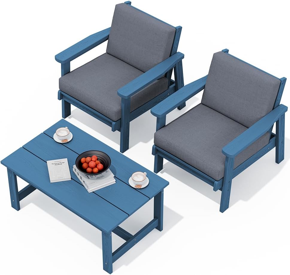 SERWALL HDPE Outdoor Couch, Blue Frame and Grey Cushion