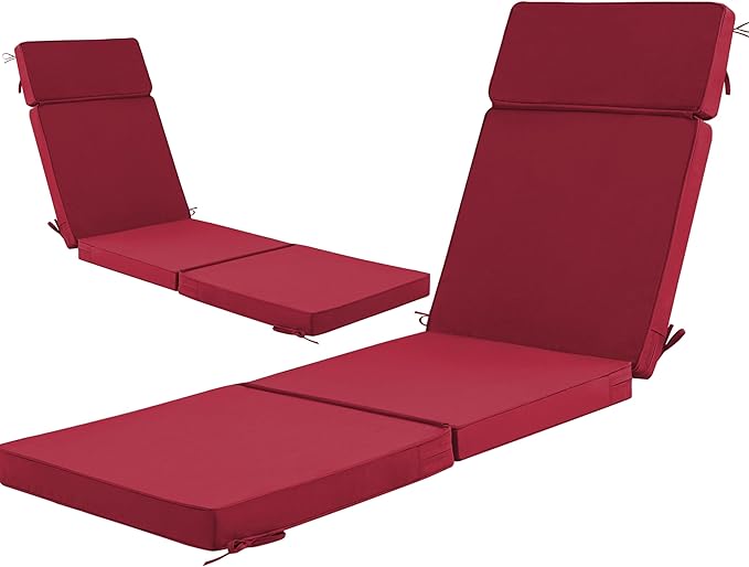 80 x 26 Inch Outdoor Chaise Lounge Cushions Set of 2 - Removable Cover, 4-Section Design, Water-Repellent & Fade-Resistant, 6 Tie Straps, Replacement for Patio & Pool Chairs - Burgundy