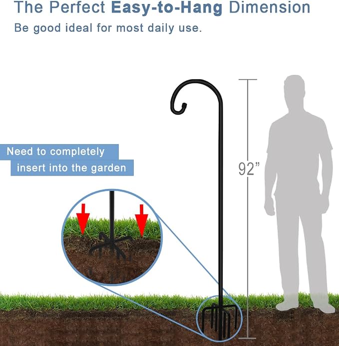 Artigarden 92 inch Outdoor Shepherd Hook with 7 Prong Base (2 Packs), Adjustable Heavy Duty Garden Hanging Stake for Bird Feeder Solar Light Plant Hanger Wedding Decor, Matte Black