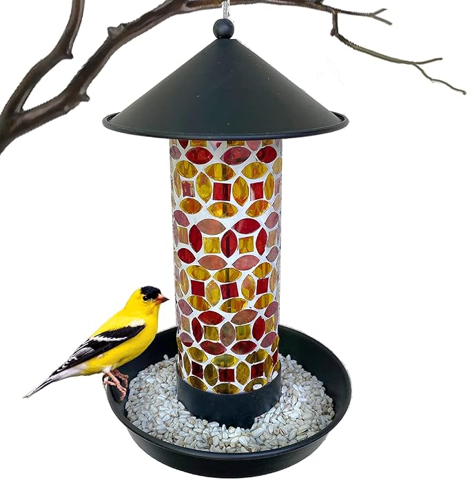 Lily's Home Outdoor Hanging Mosaic Glass Bird Feeder, Lantern Shape with Metal Hook and Roof for Wild Birds, Garden Decor for Lawn and Patio, Unique Gift for Bird Lovers(10Inch)