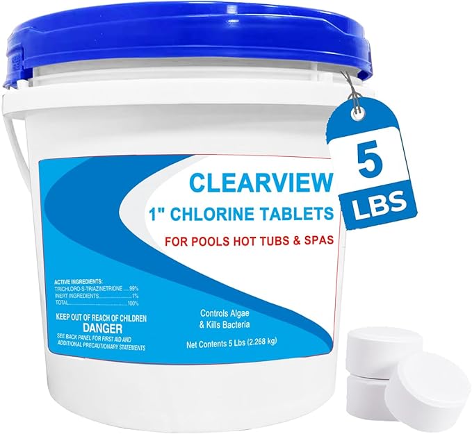 ClearView Stabilized Chlorine Tablets 1 Inch 5 Lbs for Pools, Slow-Dissolving 1" Chlorinating Tablets Sanitizer for Spas and Hot Tubs, Control Algae & Kills Bacteria