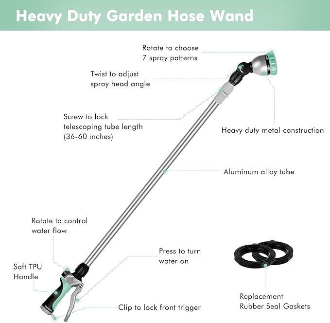RESTMO 36”-60” Metal Watering Wand, Long Telescopic Tube | 180° Adjustable Ratcheting Head | 7 Spray Patterns | Flow Control, Perfect Garden Hose Sprayer to Water Hanging Baskets, Shrubs, Cyan