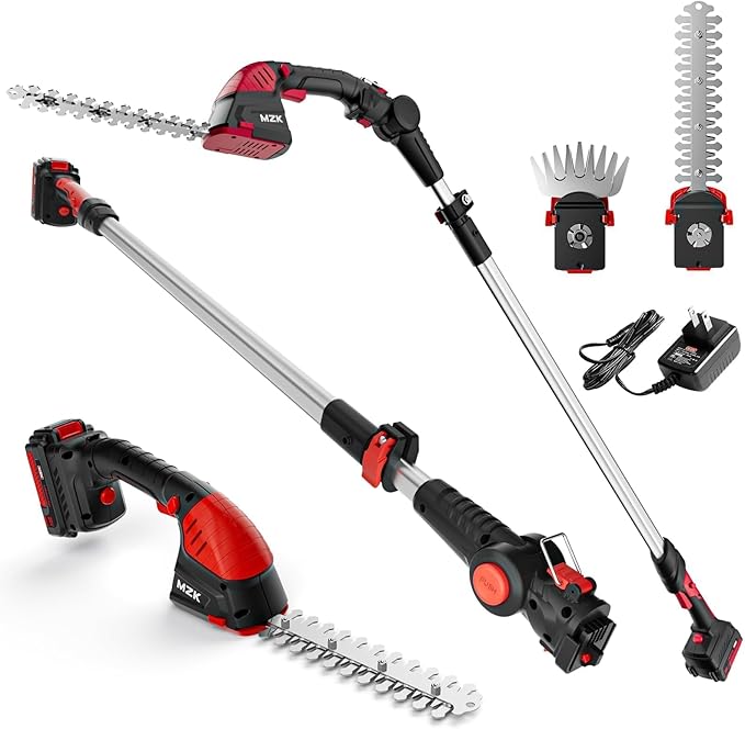 MZK 2-in-1 20V Pole Mini Hedge Trimmer & Grass Shear, 13ft Reach, Electric Hedge Trimmer with Extension Pole, Multi-Angle (1 Battery and Charger Included) (13FT)
