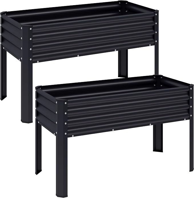 2Pcs Galvanized Raised Garden Bed with Legs, 43×24×32in Large Metal Elevated Raised Planter Box with Drainage Holes for Backyard, Patio, Balcony, 400lb Capacity,Black