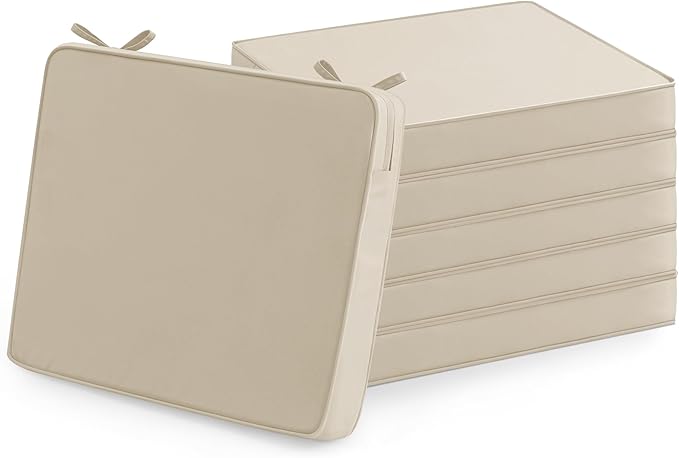 Outdoor Chair Cushions Set of 6: Waterproof & Fade Resistant Seat Cushion for Patio Furniture - 18.5 x 16 x 2 Inch Chair Pads with Ties and Hidden Zipper - Patio Chair Cushion Replacement, Beige