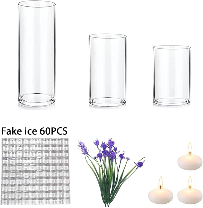 Floating Flower for Table Centerpiece Artificial Purple Orchid Glass Cylinder Vase Set with Floating Candles Fake Ice Cubes for Wedding Party Home Bar Restaurant Festival Decoration