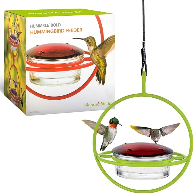 Mosaic Birds Hummingbird Feeder for Outdoors Hanging, 3.4 OZ Hummingbird Feeders, Glass Bowl with 4 Feeding Ports, Leak Proof Lid & Circular Perch, Bird Feeder (1, Lime)