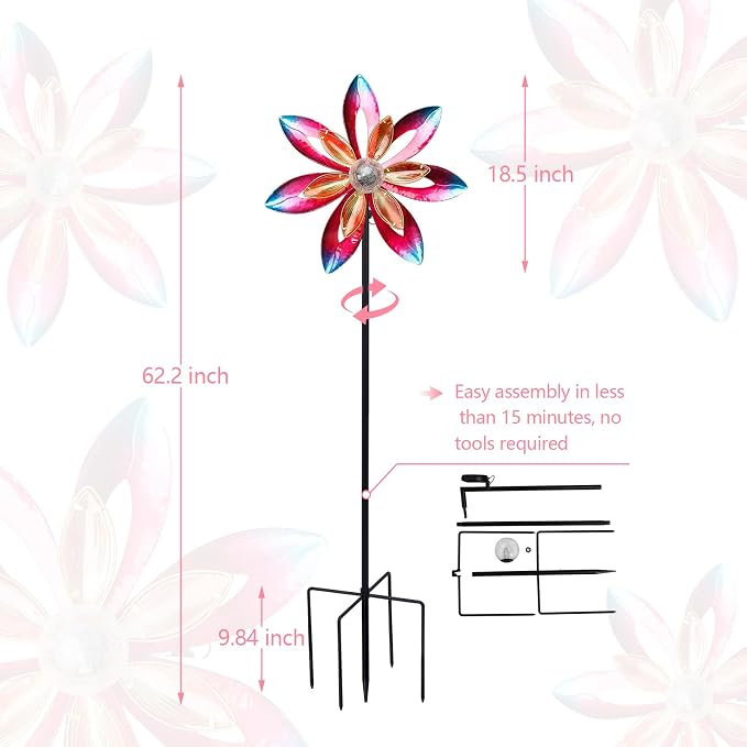 MUMTOP Wind Spinner Outdoor Large, 62 Inch Metal LED Solar Wind Sculptures Windmill for Yard Art, Garden Decor