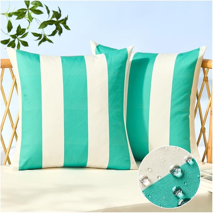 Allorry Outdoor Pillow Covers 16x16 Set of 2 Light Blue Striped Decoration Throw Pillow Covers for Spring Summer Outdoor Waterproof Garden Patio Furniture Sofa Bed Home Decor JB007-C16