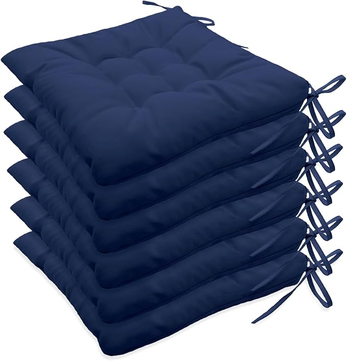 Outdoor Indoor Tufted Chair Cushions, Seat Cushions with Ties, Chair Pads Waterproof for Porch Kitchen Office Garden Navy Blue 16" x 16", Set of 6