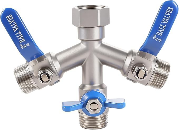 304 Stainless Steel Garden Hose Splitter 3 Way Heavy Duty, Full Flow Y Valve Water Hose Splitter With Large Handle, Lead-free，3/4" GHT Thread Connector For Outdoor Spigot Faucet