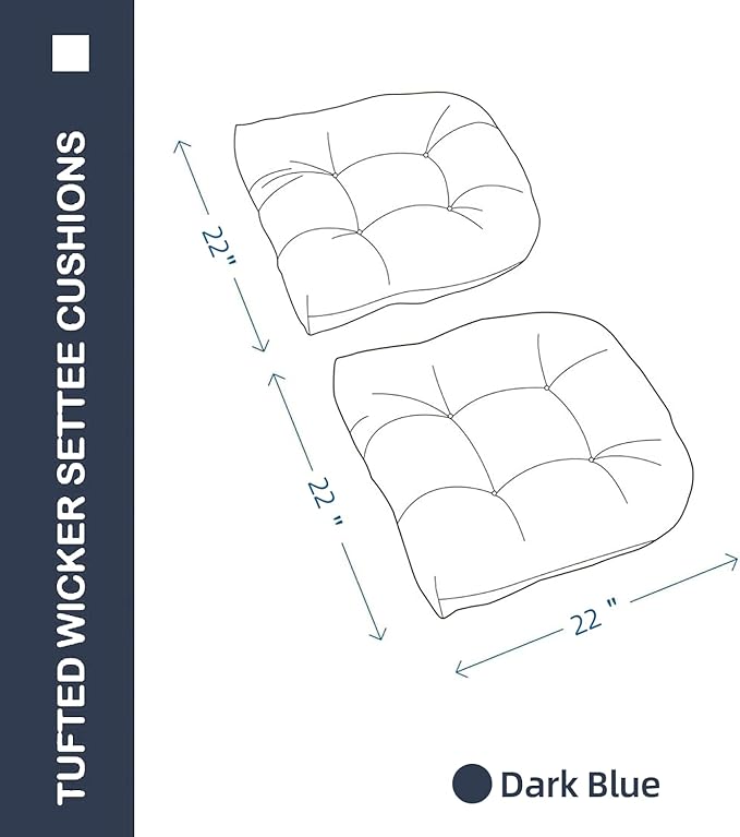 Outdoor Chair Cushions Set of 2, 22x22x4 Inch Seat Pads with Ties for Patio Wicker Chairs Garden Dining Chair, Indoor Outside Use, Fade-Resistant & Waterproof, Dark Blue