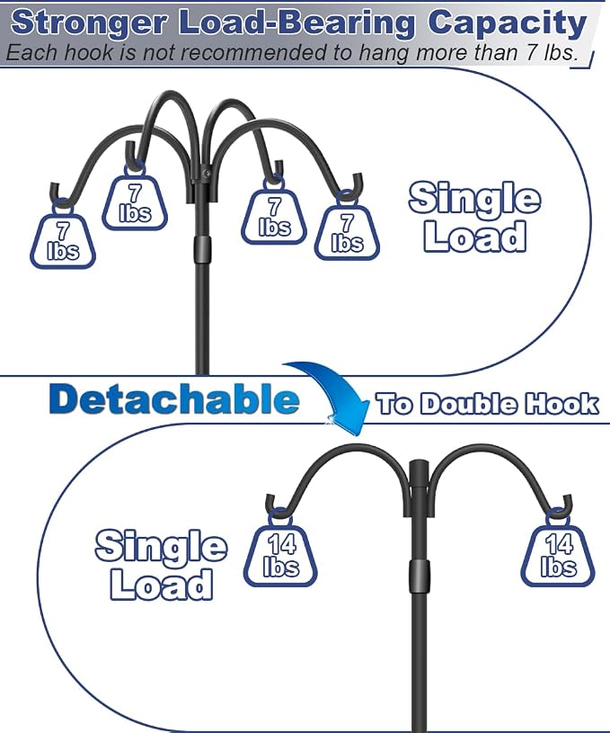 Upgrade 4-Hook Shepherd Hooks for Outdoor with Plastic Tube, 60" Heavy Duty Bird Feeder Pole with 5 Prongs Base, Adjustable Garden Hook for Solar Light, Hanging Plant, Wedding Decor, 1 Pack