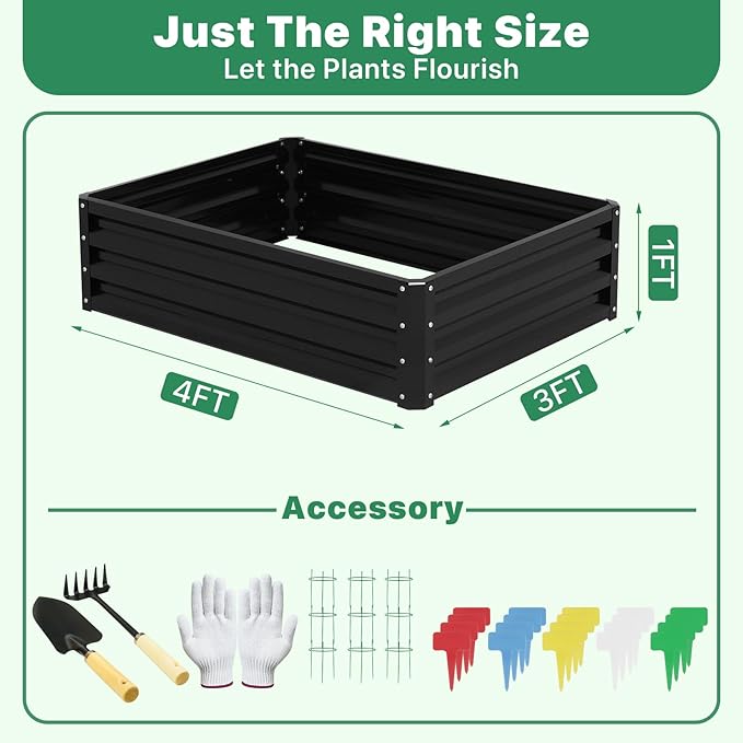 ONCEMORE 4x3x1 FT Metal Raised Garden Bed,Galvanized Steel Raised Garden Bed for Gardening Vegetables Fruit,20pcs T-Types Tags & 1 Pair of Gloves