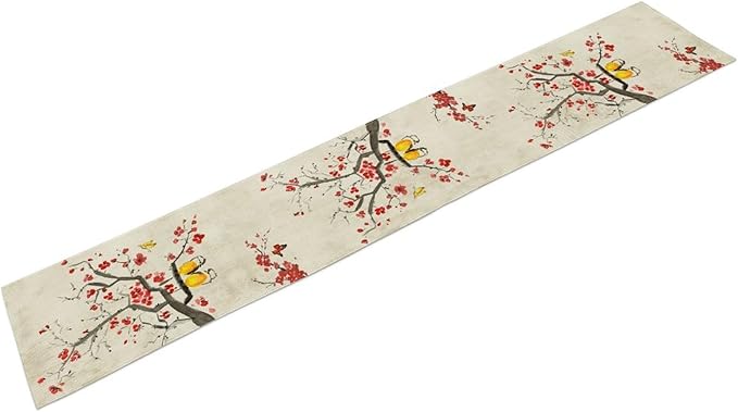 Chinese Birds Table Runner, Rustic Plum Blossom Floral Butterfly Japanese Red Flower Coffee Table Center Decor for Family Kitchen and Dining Living Room Farmhouse Party Table Decorations, 13"x108"